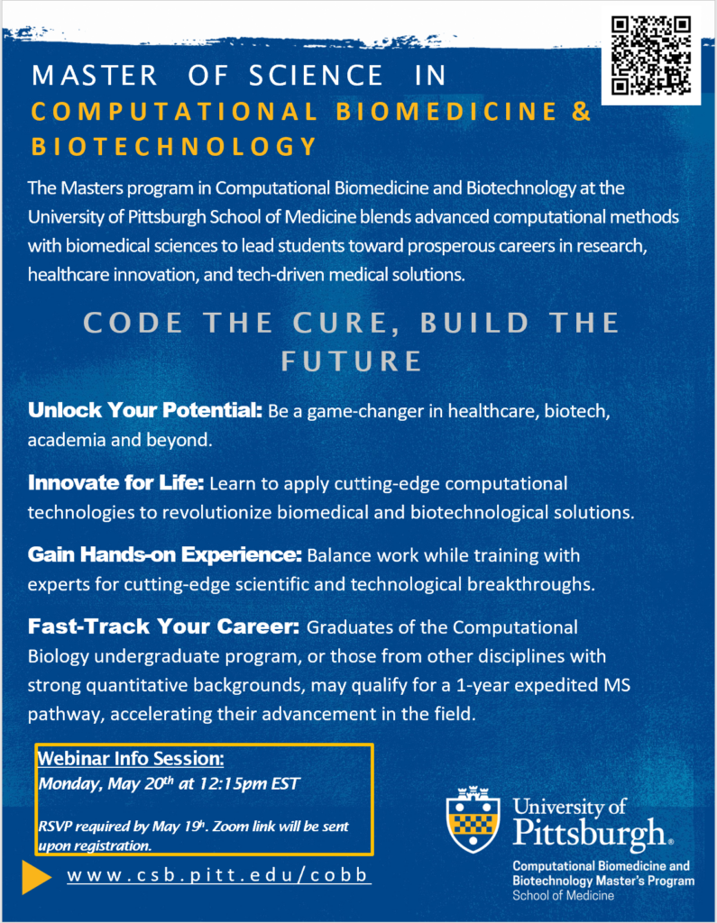 flyer for the 2024 admission cycle of the master of science degree program in computational biomedicine and biotechnology