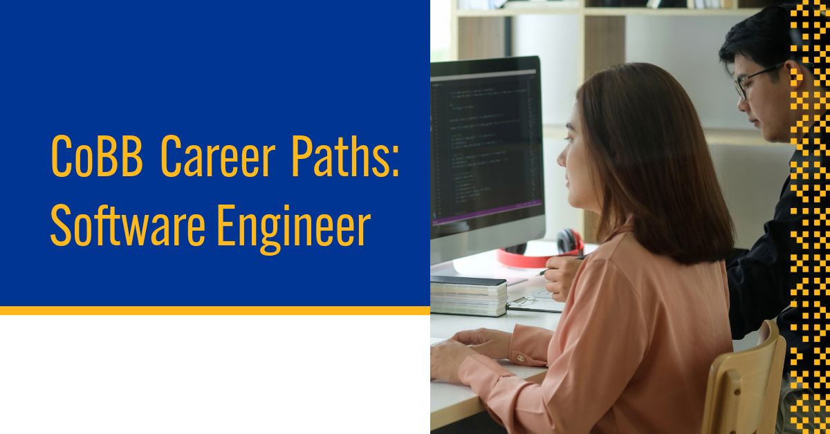 software engineer in front of computer with words "CoBB Career Paths"